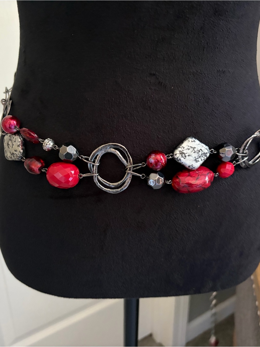 Women's Red Beaded Waist Belt with Silver-Tone Accents